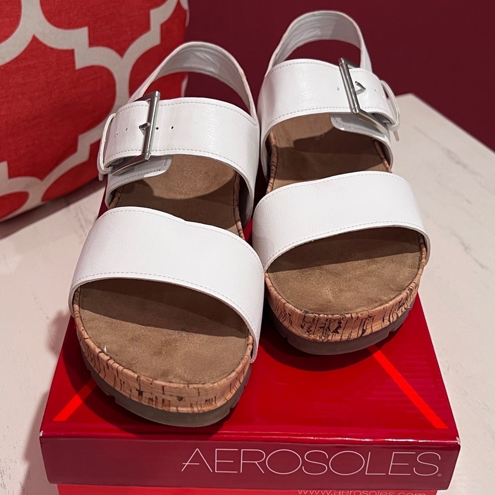 AEROSOLES White Comfy Sandals with Silver Buckle - Picture 2 of 9